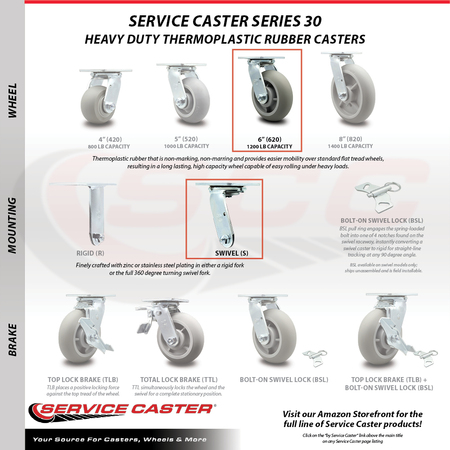 Service Caster 6 Inch Thermoplastic Rubber Wheel Swivel Caster with Ball Bearing SCC-30CS620-TPRBD